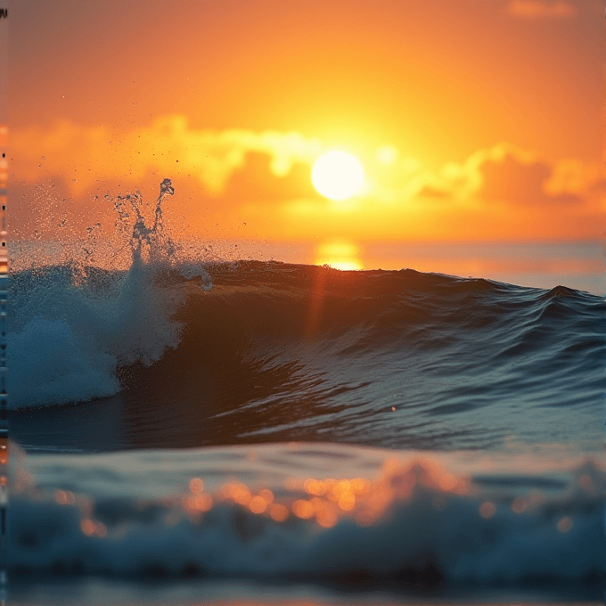 A dramatic ocean wave crashes under a vibrant sunset, with glowing orange and golden hues reflecting on the water.