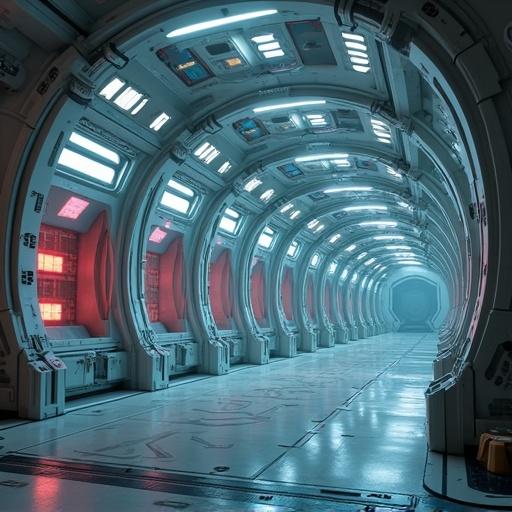 A sci-fi spaceship hibernation quarter features a row of cryosleep pods illuminated by white and red lights. The style is hyper-realistic, reminiscent of a science fiction film.
