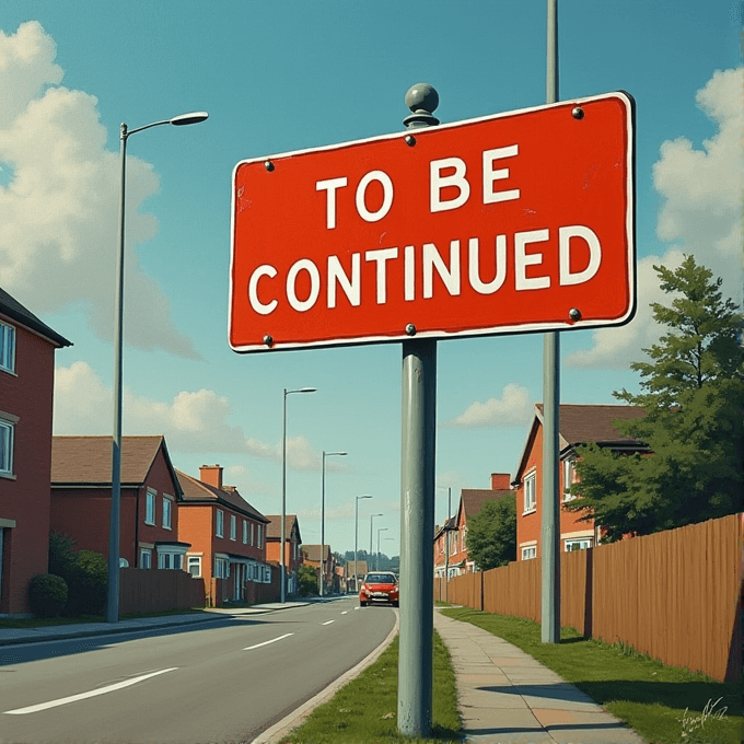 A street lined with houses has a red sign stating 'TO BE CONTINUED,' under a clear sky.