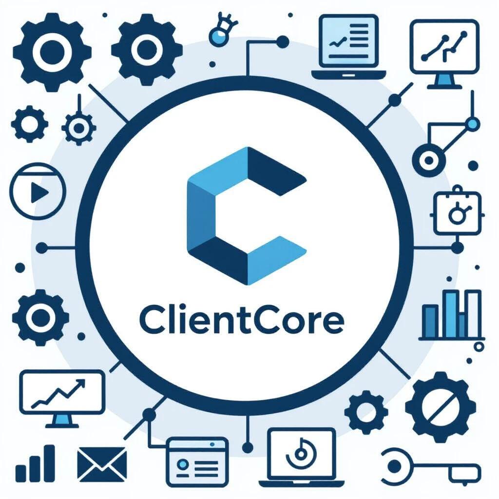 Logo for technology startup named ClientCore. Modern design with letter 'C'. Incorporate tech elements like charts and gears. Blue and white color scheme.