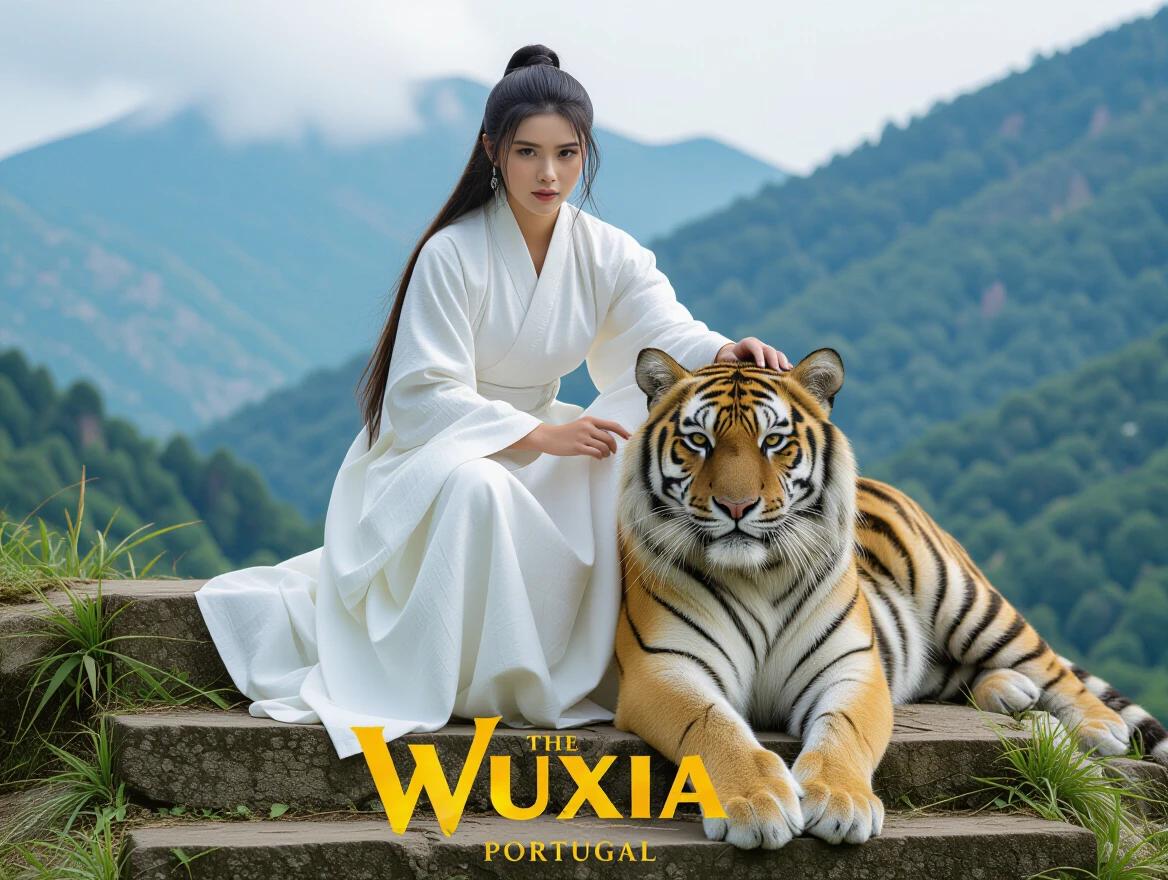 A woman dressed in white clothing sits on stairs in the mountains. She has long hair and interacts with a tiger. The image evokes a sense of adventure and fantasy. The scene suggests a combination of drama and action suitable for a movie poster. A title appears below the scene, featuring Wuxia Portugal.