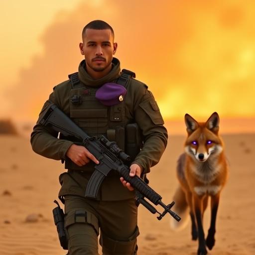 Cinematic desert scene with a soldier in dark-green tactical gear holding a carbine. Short dark hair with no headgear. Purple beret folded on his left shoulder. A fox with glowing violet eyes walking behind him. Orange haze adds an epic atmosphere.