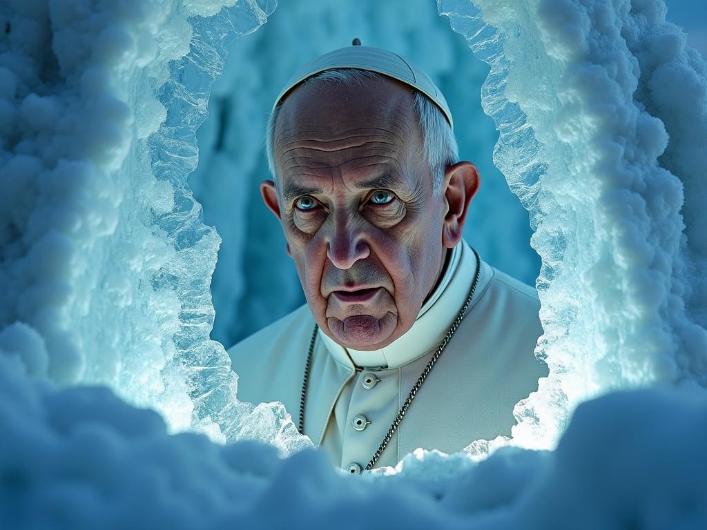 The image portrays a religious figure framed by an intricate ice formation, bathed in cool blue light. The contrast between the warmth of the figure's expression and the coldness of the surroundings highlights themes of solitude, reflection, and spiritual contemplation.