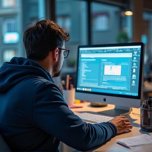 Person working at a desk with a computer. Warm lighting fills the room. The desk is organized with focused work visible on the screen. A plant adds a touch of green in the background.