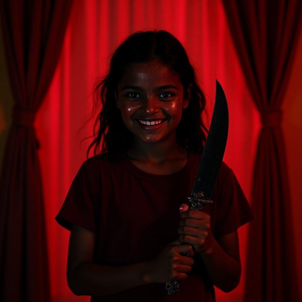 A young girl holds a dark ornate knife in dramatic red lighting. Curtains frame the scene and create a mysterious atmosphere. The setting evokes emotions of intrigue and suspense.