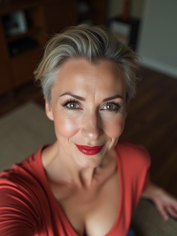 Self-portrait of a woman with short hair and bold lipstick. She has a friendly smile and is taking a selfie from above.