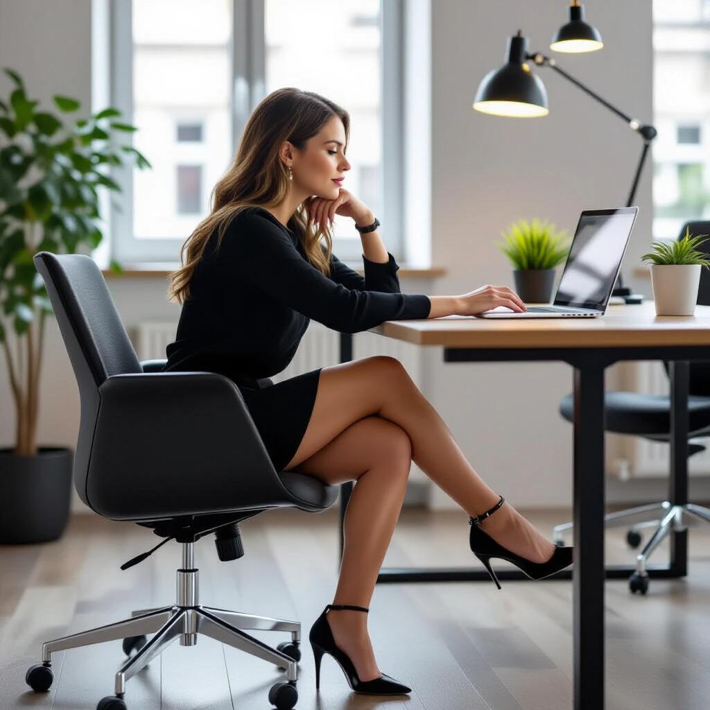 A woman seated at a desk in a modern office. She is working on a laptop with a thoughtful expression. The background contains plants and stylish lighting. Her attire is professional, showcasing a black dress and high heels. The setting is bright and organized.