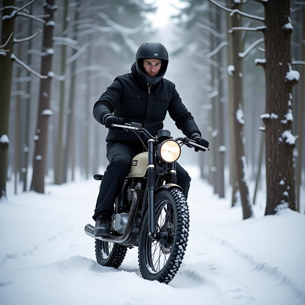 BSA B65 scrambler with rider in snowy forest. There is a motorcycle moving through a snowy path surrounded by tall trees.