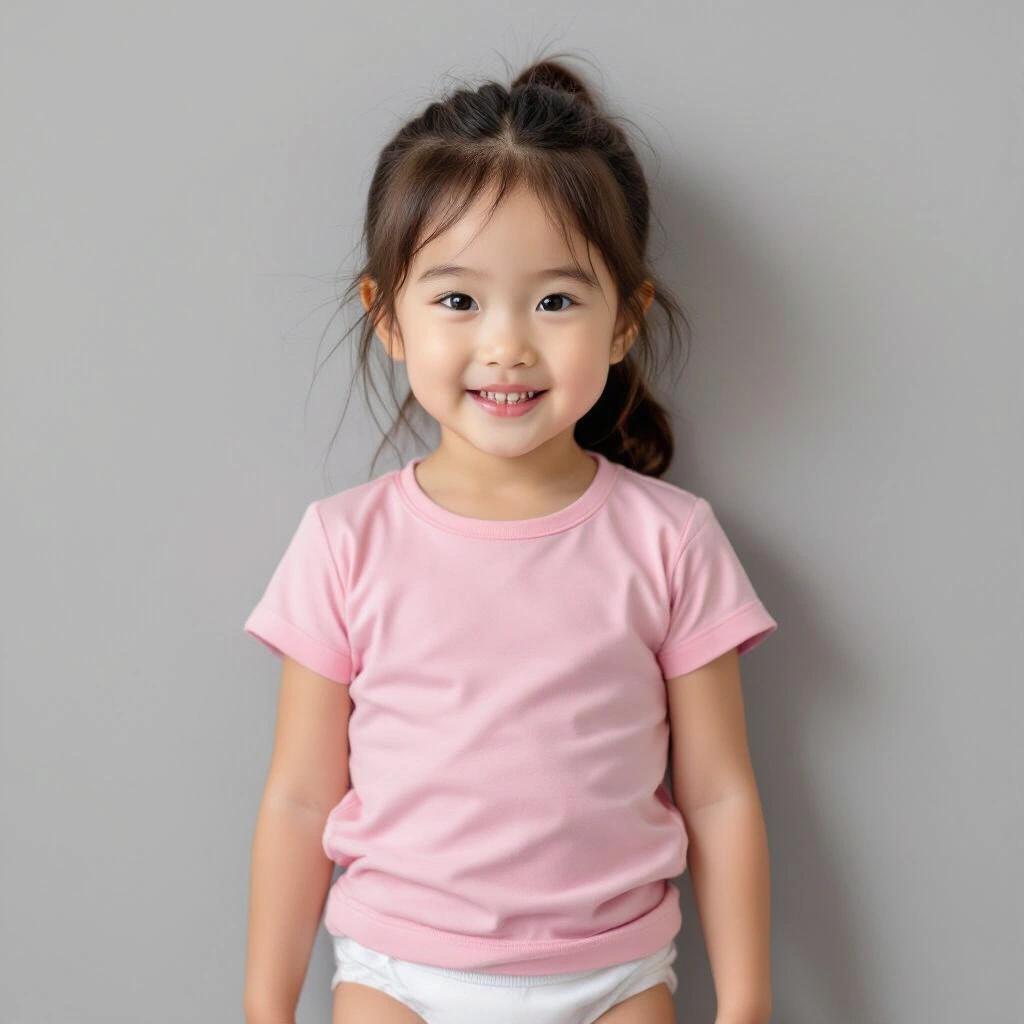 Delightful childhood moment captured with a young girl wearing a pink t-shirt and white underwear. Soft gray background creates a gentle atmosphere.