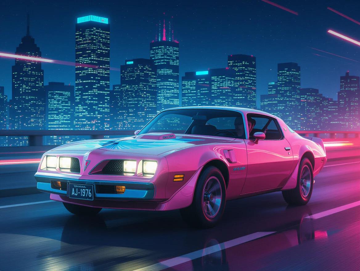Pink Pontiac Trans Am with tinted windows. Car has license plate AJ-1976. Background shows cyberpunk city at night. Light trails enhance the driving effect.