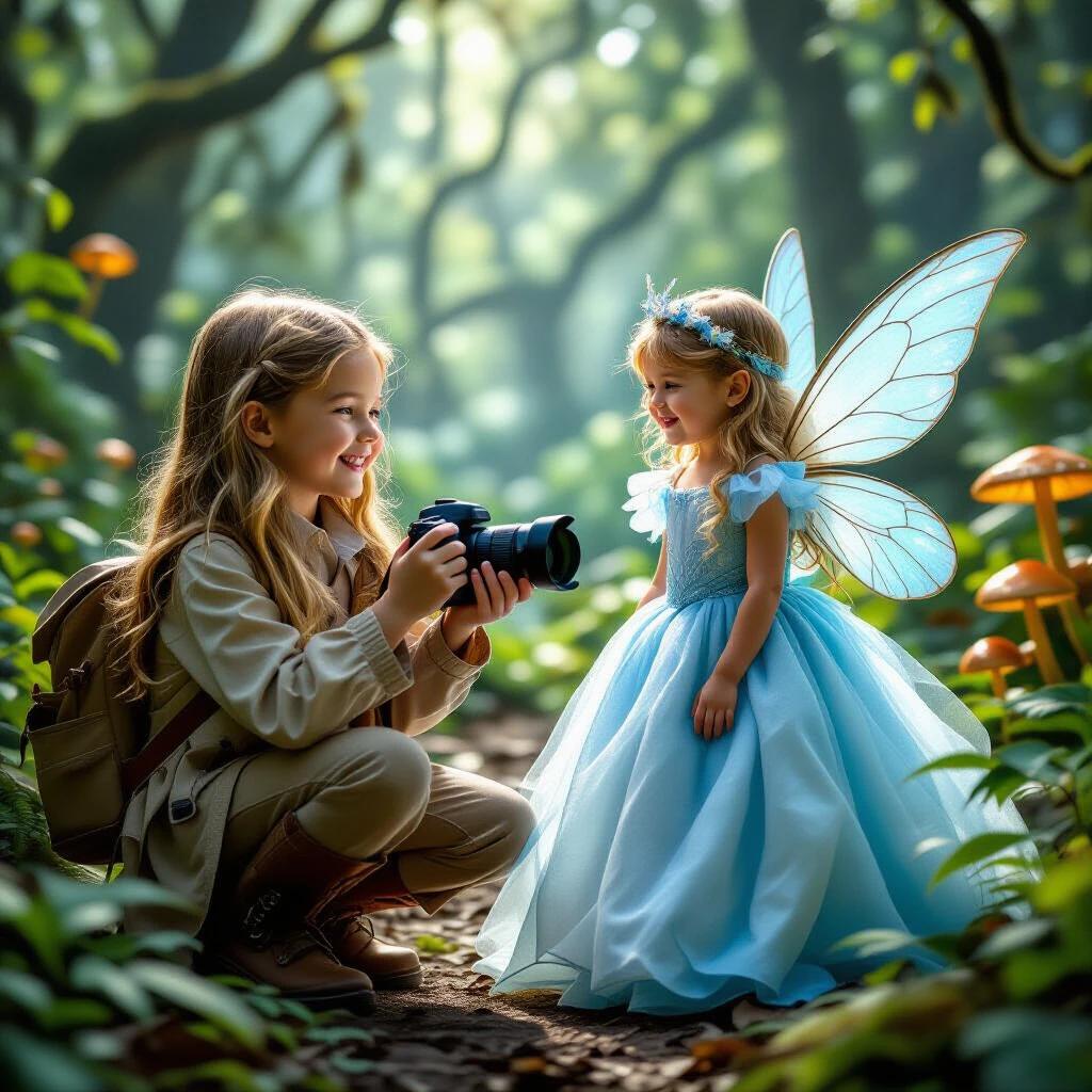 A joyful girl captures a fairy on camera. She wears an explorer outfit with a backpack. The fairy has a flowing blue gown and delicate wings. The setting is an ancient forest filled with lush greenery and bright mushrooms.