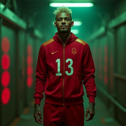 A hyper-realistic square portrait of an athlete wearing a deep red tracksuit. The outfit features the number ‘13’ in clean white. The tracksuit reflects a flashy style with slim fit and minimal gold stitching. The background is inspired by a cinematic setting with dim green lights and metallic walls. Symbols from a game are blurred behind. The hairstyle is unique with faded sides and curly top. A slight smirk shows confidence. Light and texture emphasize realism and tension.