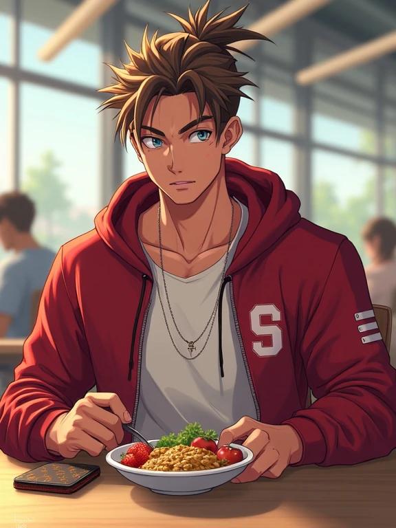 Anime character in a modern cafeteria. Young man with spiky light brown hair wearing a Stanford hoodie. Sitting at a table. Eating a healthy lunch. A Samsung Galaxy phone is on the table. A Louis Vuitton wallet is visible. Bright lighting in a contemporary setting.