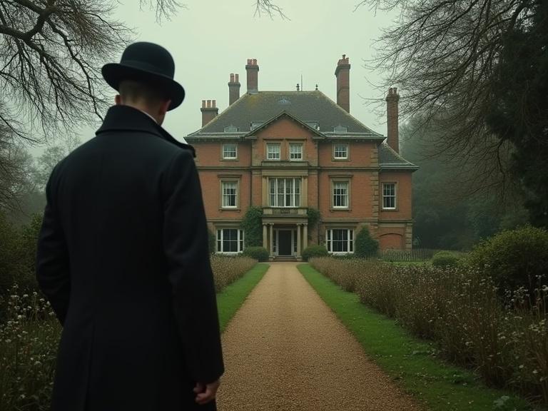 Stately English manor in wartime Essex with a misty atmosphere. A figure in a bowler hat stands on a gravel path looking at the manor. The scene hints at mystery and tension. A previous matriarch’s death looms over the household, suggesting dark secrets. Hercule Poirot's presence evokes a quest for truth and resolution.