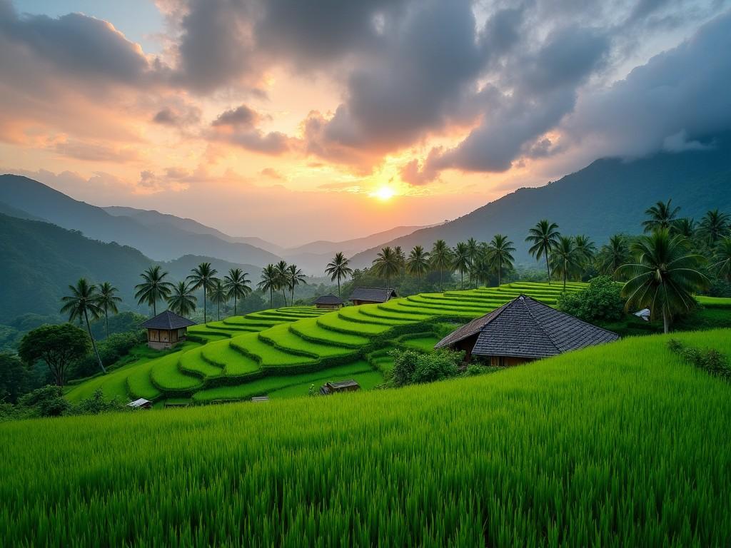 A scenic view of terraced rice fields at sunset with traditional huts and palm trees in the background, set against a backdrop of lush mountains.