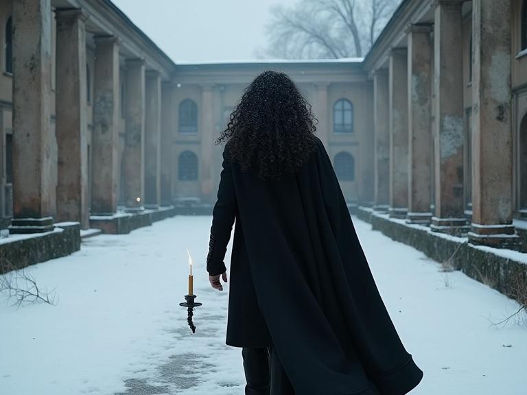 Tall fitted man with long voluminous curly dark hair. Wearing black long coat with cape. Walking with candle in right hand. Empty courtyard with snow-covered ruins of a classical garden. Winter palace setting.
