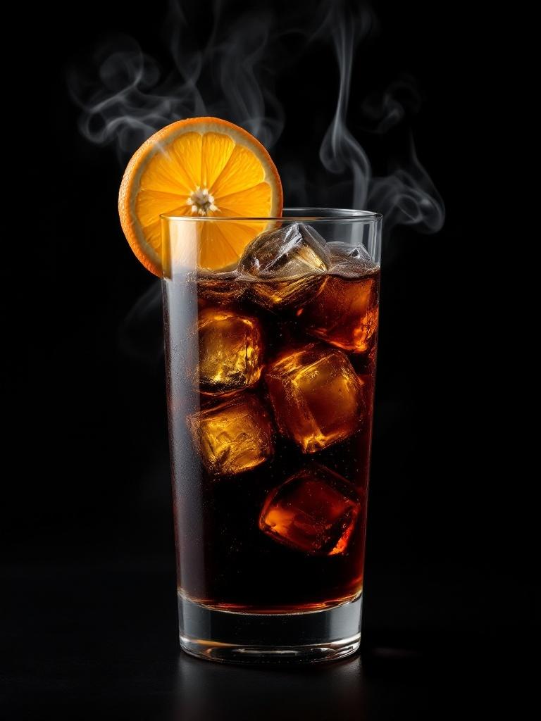 Glass filled with dark liquid and ice cubes. Slice of orange placed on the rim. Smoke is rising from the drink. Dark background enhances the mood.