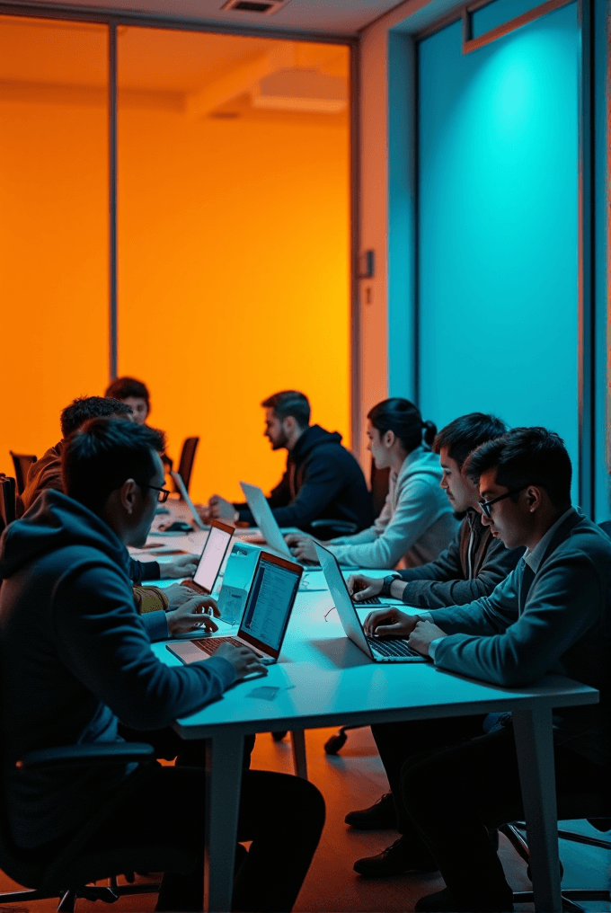 A group of people working on laptops in a modern room with contrasting blue and orange lighting.