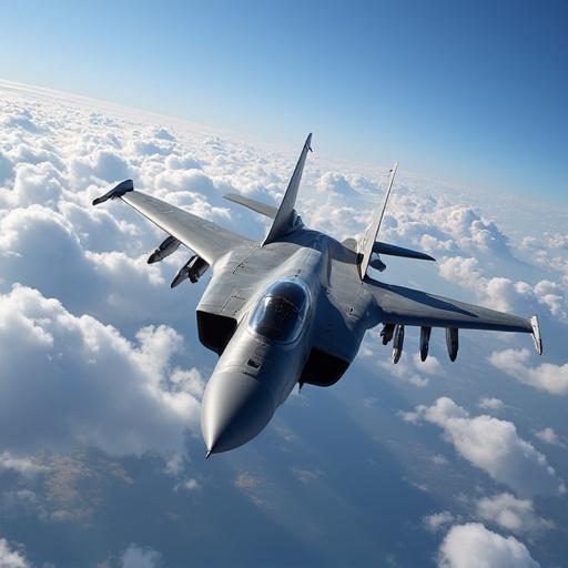 Fighter aircraft flying at high altitude above clouds