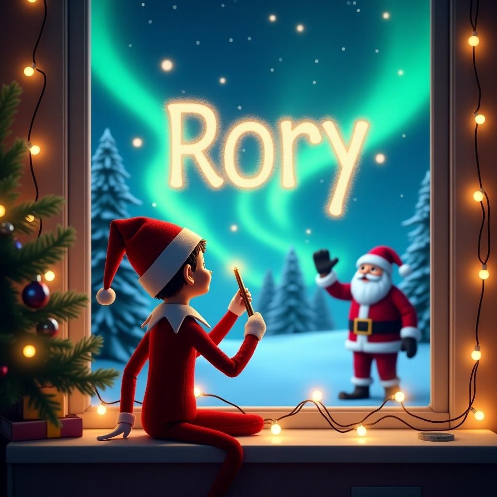 The image illustrates a festive scene featuring an elf on the shelf who is seated by a window. The elf is turned away from us, intently gazing out at a vibrant sky filled with northern lights. He uses a wand to magically inscribe the name 'Rory' in bright letters. Outside the window, Santa Claus waves cheerfully, surrounded by a picturesque snowy landscape and evergreen trees. The cozy room is adorned with twinkling lights, adding to the joyful holiday ambiance.