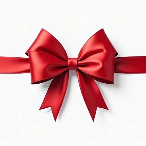 A decorative red bow placed on a white background with smooth and shiny appearance. The bow is centered and prominently displayed.