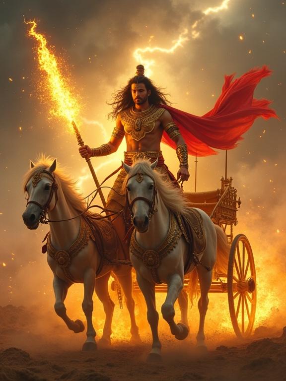 A divine Indian warrior stands heroically on a golden chariot. The chariot is pulled by white horses. The warrior holds a serpent-shaped weapon, glowing with fire. The background features a stormy sky. Sparks and energy swirl around. His armor shines and a red scarf flows in the wind. Highly detailed, mythological style.
