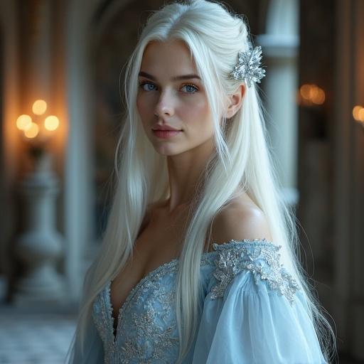 An elegant adult woman stands in a grand candlelit dining hall. She has long straight platinum blonde hair with a silvery shimmer. A delicate icy crystal hair ornament adorns her hair. The woman has a calm maternal smile and porcelain-smooth pale skin. Her attire emphasizes feminine curves with graceful fabric draping. She wears an ethereal gown of translucent icy fabrics. The setting features arched windows and stone columns. The atmosphere is soft and magical.