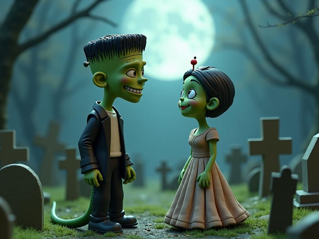 3D animated characters inspired by Frankenstein in a whimsical graveyard. One character is a snakey Frankenstein monster with an expressive face; the other is the Bride of Frankenstein. They stand together surrounded by crooked headstones at night. The scene has a misty atmosphere with moonlight casting a soft glow.