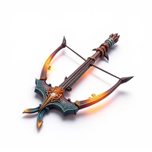 Photorealistic fantasy-inspired game asset featuring a crossbow isolated against a transparent white background. No shadows. Details are vibrant with neutral lighting. Rendered in game-ready quality. Shot as if with a 50mm lens at f/2.8 with a crisp depth of field.