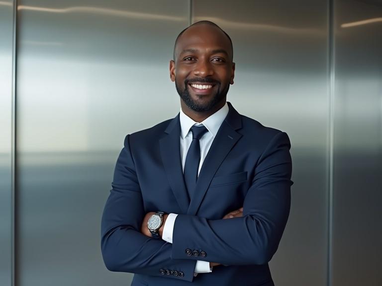 Image of a clean-shaven African American male sales coach standing confidently in a corporate setting. He is wearing a navy blue business suit and smiling naturally. His arms are crossed and posture is straight. The background is modern and minimalist with silver-gray tones. The image includes balanced composition and studio-quality lighting.