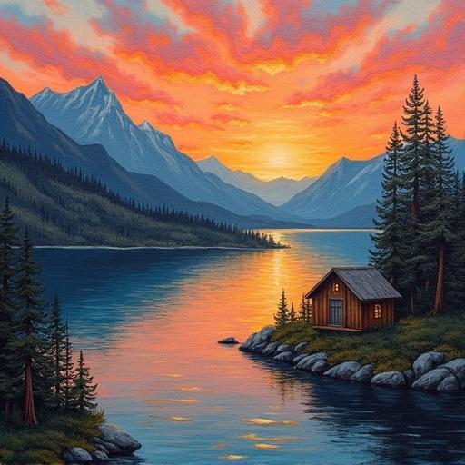 Oil painting of a sunset over a lake with a wooden hut. Mountains surround the scene creating a serene atmosphere. Vibrant orange and pink colors fill the sky reflecting in the water. Pine trees line the shore.