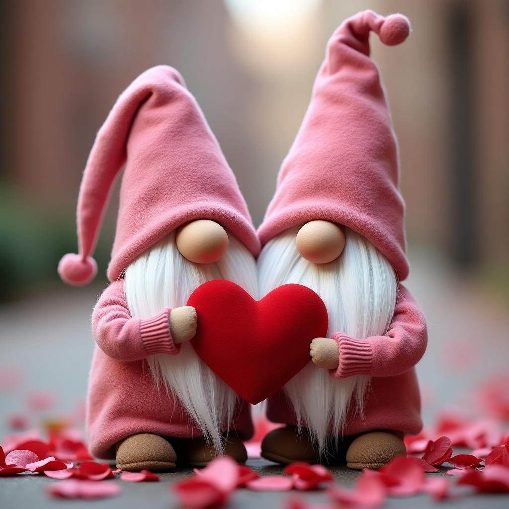 Two gnome figurines in pink hats hold a red heart. Soft petals scatter on the ground. The scene captures a warm romantic atmosphere. Ideal for Valentine's Day themes.