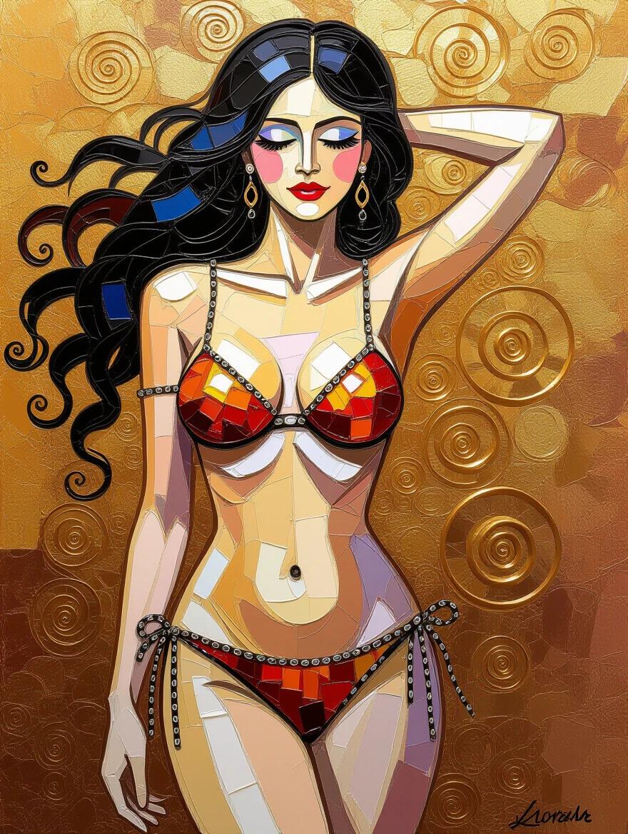 A textured impasto painting depicts a woman in a stylish bikini with chains. The color palette features gold and red. The artwork has swirling brushstrokes and a shiny appearance. It symbolizes independence and is inspired by Impressionism.