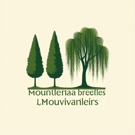 Logo design featuring two tall green poplar trees on the left with slender trunks and columnar shape alongside a mature weeping willow tree on the right with long drooping branches. Below the trees, text reads 'Mouvement des Peupliers' in sans-serif font. Soft light beige background contrasts with dark green foliage. Clean vector illustration with precise linework.