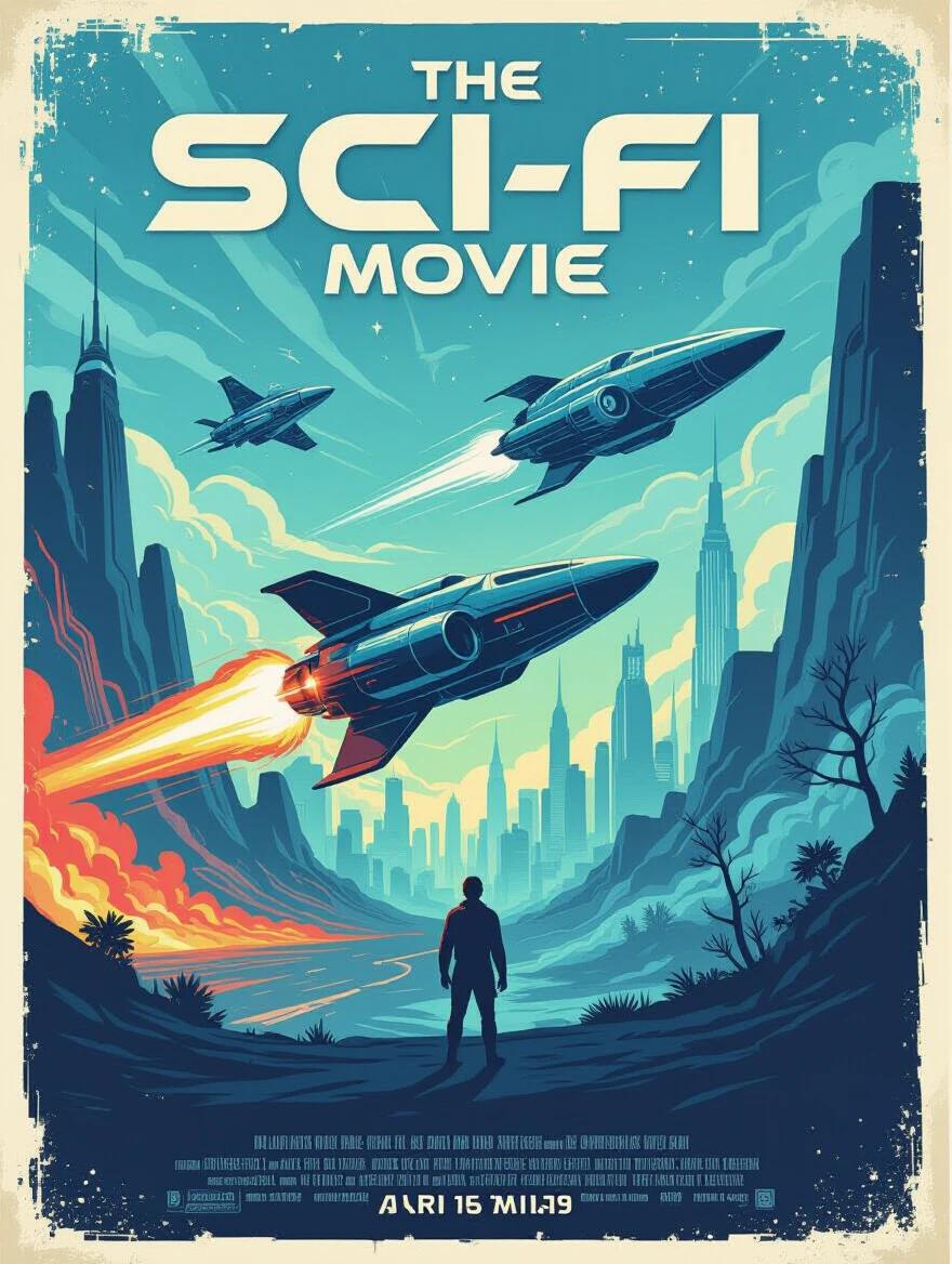 A sci-fi movie poster showcasing rockets launching against a vibrant skyline. A silhouette of a person stands beneath the rockets. The design includes a retro art style and vivid colors creating a fantastical atmosphere.