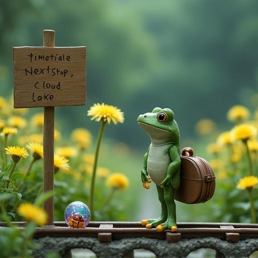 A little frog carrying a luggage bag made of lotus leaf stands on a miniature train platform filled with dandelions, waiting for the train. The signpost is made of curved reeds, and the timetable is written in dewdrops saying 'Next stop: Cloud Lake.' In the background, there are beetles traveling with dandelion umbrellas. A glowing glass bead rolls beside the frog's feet, reflecting a starry sky. The style is inspired by Studio Ghibli, with a gradient of meadow green and smog purple.