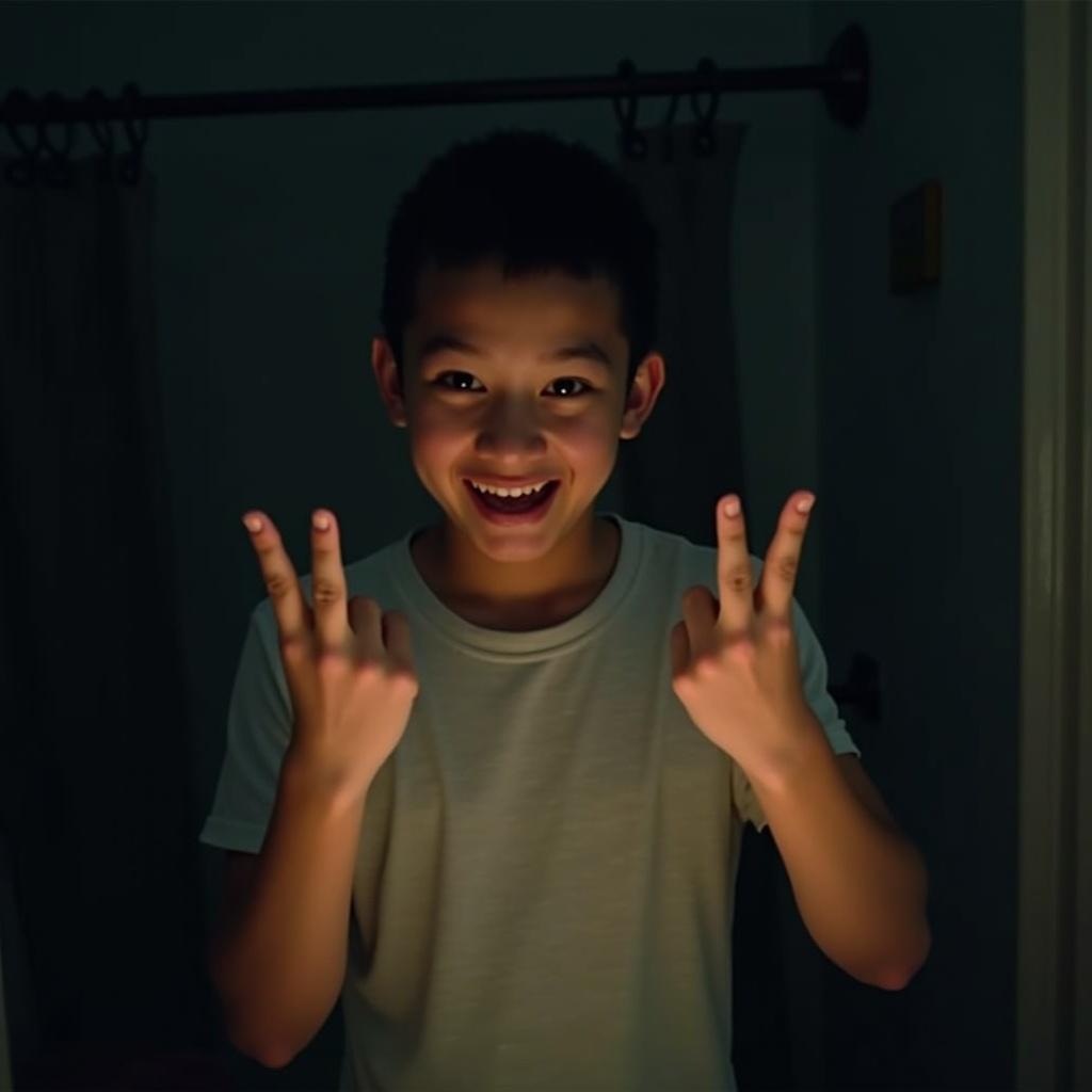 Young person makes middle finger sign at night in a bathroom. Phone used to take the photo with a light source. Features illuminated with dark background. Portrait orientation, 16:9 aspect ratio.