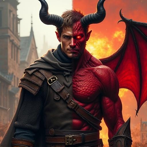 Character design of a fantasy split-personality character divided vertically. Left side features a rugged medieval human warrior in chainmail with a calm expression. Right side shows a red-skinned demon cambion with glowing eyes, large horns, and wings. Background blends a medieval town and fiery hellscape. Full body portrait in hyper-realistic style with bold colors and soft cel shading.