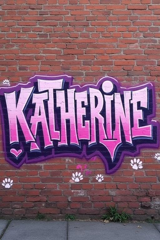 Graffiti creating a name using gradient lilac and pink on a red brick wall. The word KATHERINE is displayed prominently to the right.