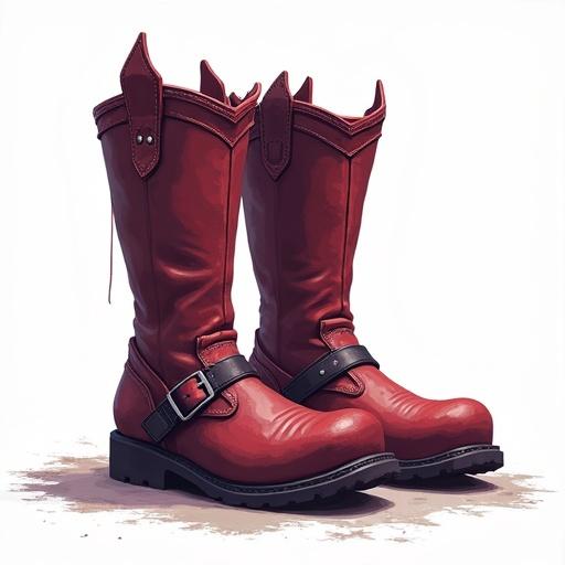 Demon-inspired boots designed for an ARPG game. The boots are red with detailing including straps and buckles. The background is transparent with an emphasis on the boots as a standalone asset.