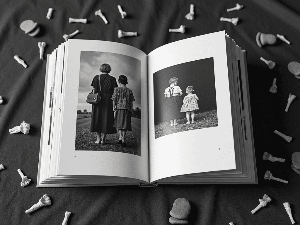 An open book displaying grayscale photos of people walking away, surrounded by scattered small candies on a dark fabric background.