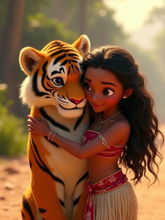 Close-up image featuring a young girl and a tiger in a friendly embrace. The girl has long messy flowing hair and tanned skin. The tiger looks friendly. They are surrounded by nature with warm lighting.