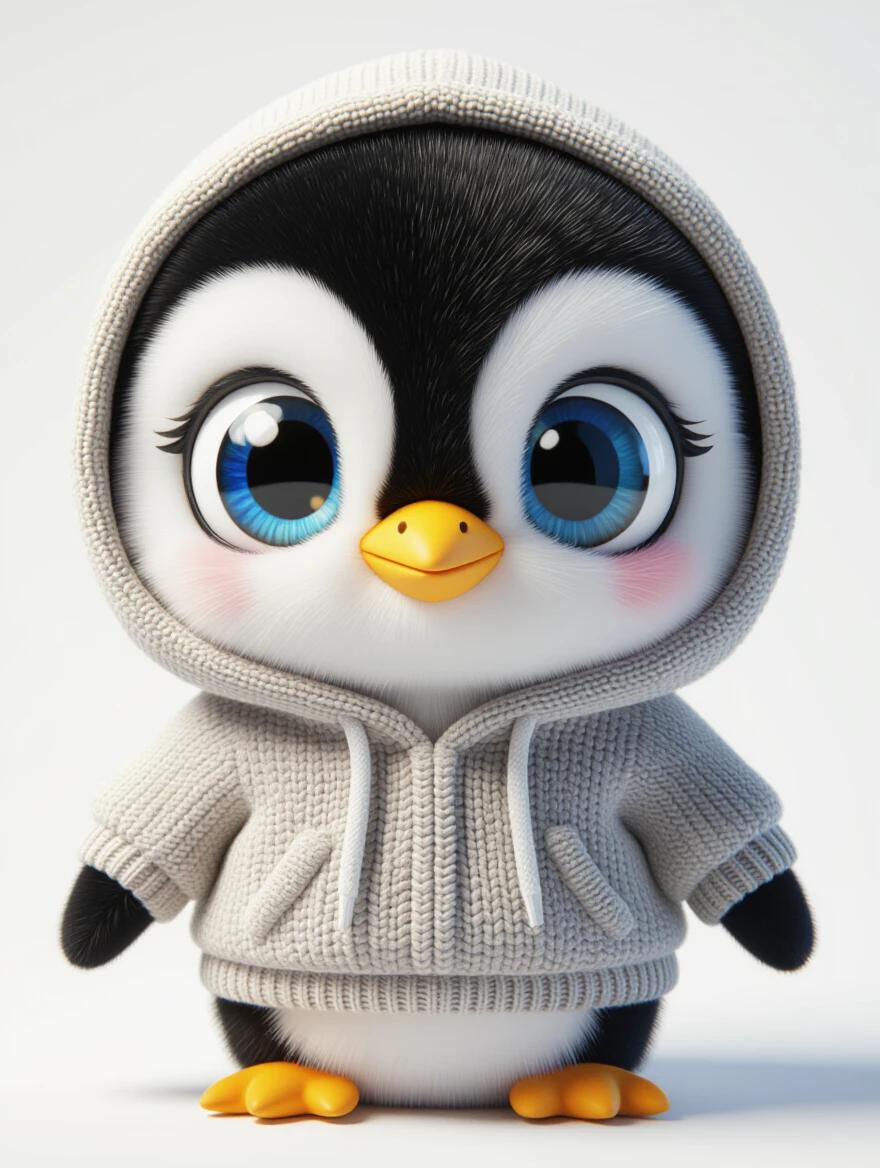 3D baby penguin character with plush features wearing a grey hoodie. Has big anime eyes and sitting against a seamless white background. Soft lighting and soft shadows emphasize cuteness.