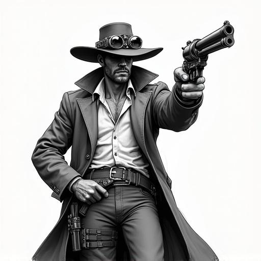Character in steampunk or futuristic western style aiming with a customized revolver. Wears a wide-brimmed hat with goggles and mechanisms. Long flowing coat, shirt, belt with pouches, and pants complete the outfit. Face partially masked by shadows, conveying mystery and determination. Detailed drawing style with sharp, contrasted inking, typical of video game or action comic character illustrations.