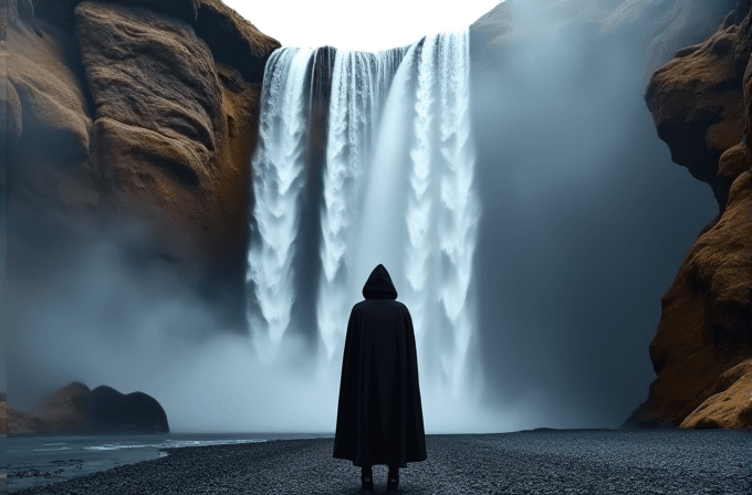 A person in a black cloak stands before a majestic, misty waterfall cascading between rugged cliffs.