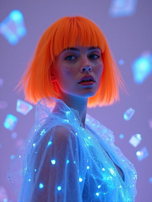 High-flash editorial portrait of a model with fire-orange bob cut and constellation-inspired face tattoos. Expression is enigmatic and magnetic. She wears a sheer blue trench coat with luminescent filaments. Crystalline shards are suspended around her against a lavender background. The composition has a mystical cyber-fairy core aesthetic. Merges futuristic whimsy with ethereal fantasy.