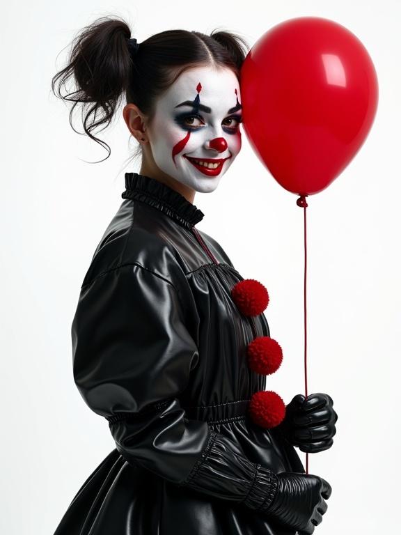 A young female clown smiling with dimples and raised eyebrows. Dressed in a baggy black shiny clown suit with pom-poms. Wearing black gloves and clown face paint in white, black, and red. Holding a red balloon with a white background. Features short dark pigtails and expressions of joy.