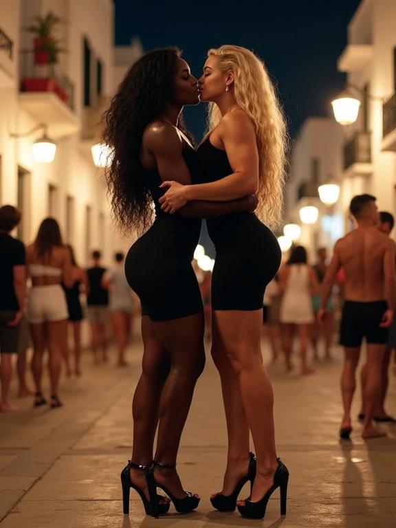 Two muscular women embrace in a Mykonos alley at night. One has long black curly hair; the other has long blonde wavy hair. They wear black strapless dresses and platform high heels. The scene is lively with people walking in the background.