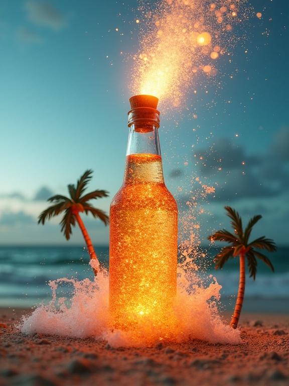 Bottle with glowing fizz uncorking in a beach scene. Cork pops off. Liquid erupts with vibrant bubbles. Tiny palm trees shimmer. Background beach is serene.