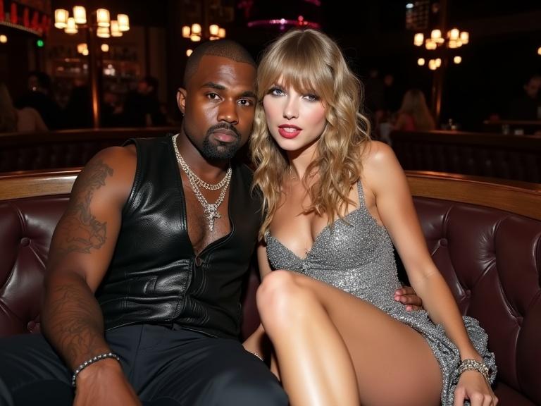 18 year old female in nightclub with older male in leather vest. Female has long blonde curls and wearing sparkly dress and cowboy boots. Both are sitting close together. Female appears intoxicated with dazed expression. Full body candid shot.